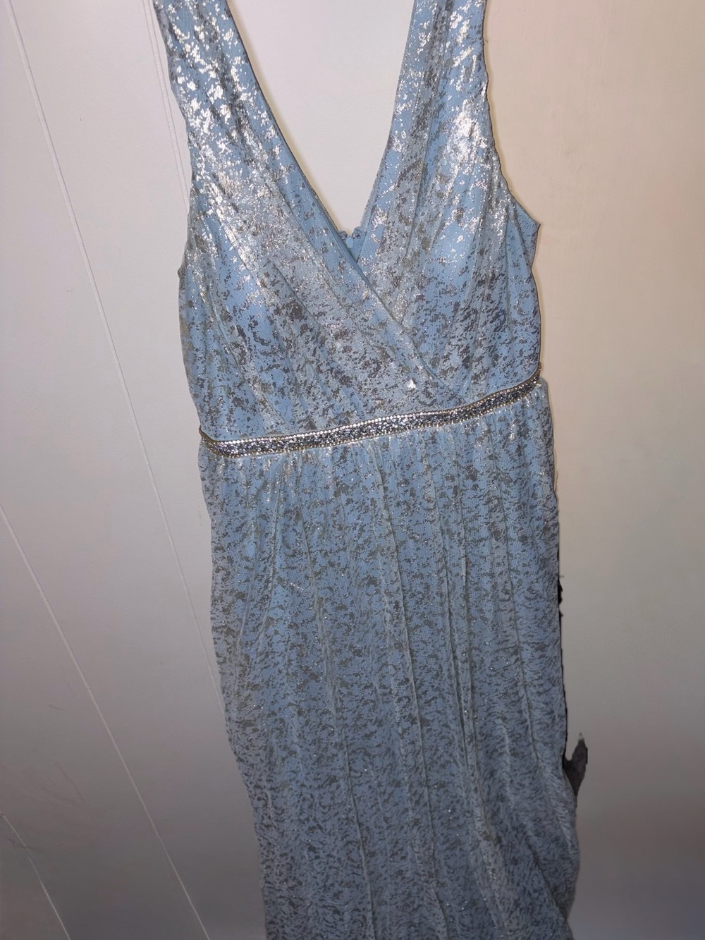 Teeze Me Light Blue and gold detailed V-Neck Prom Dress with Beaded Waistband